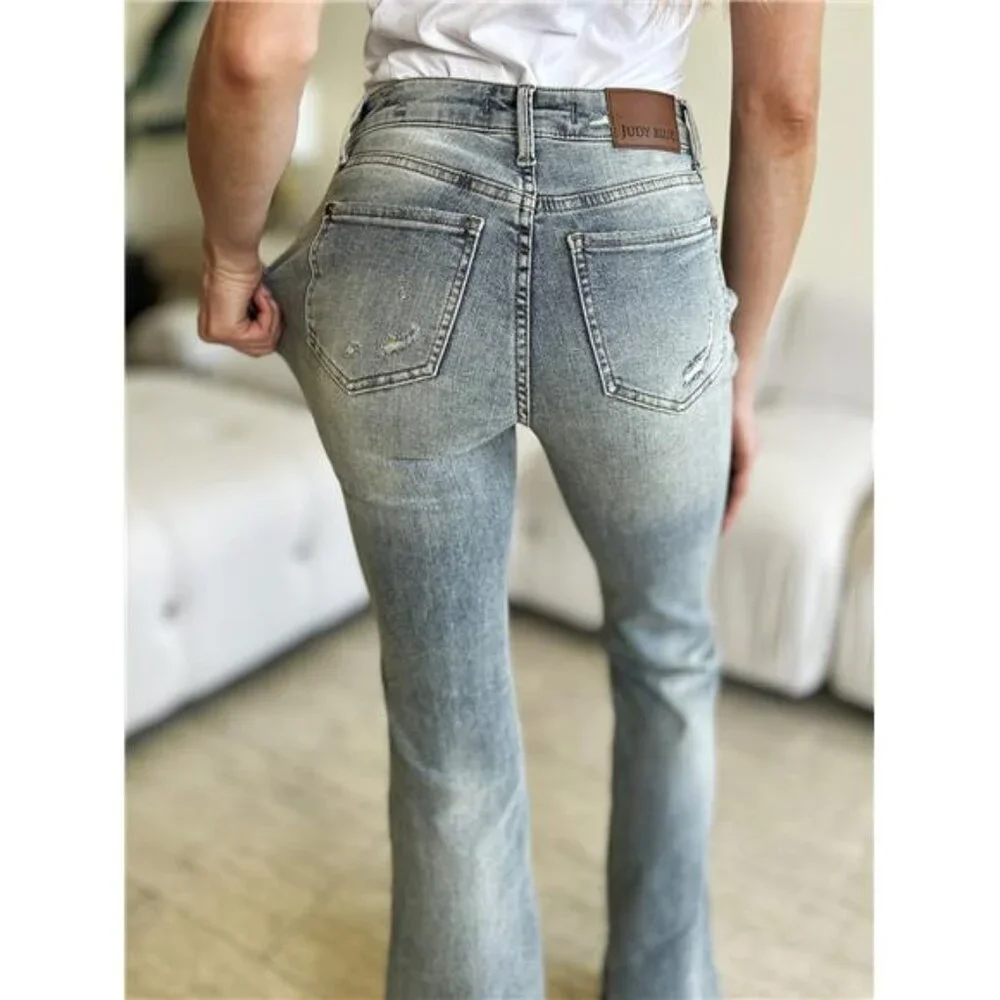 NWT ๐ Judy Blue Mid Rise Flare Jeans, Faded Detailing, Reg and Plus Sizes - Picture 7 of 9